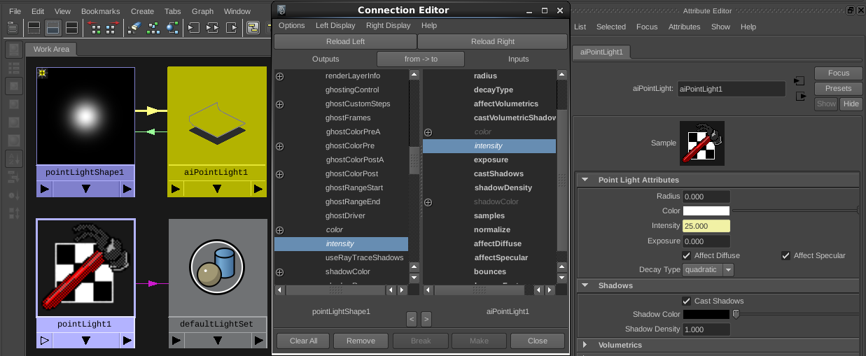 Arnold's point_light shader being connected to the Maya PointLightShape